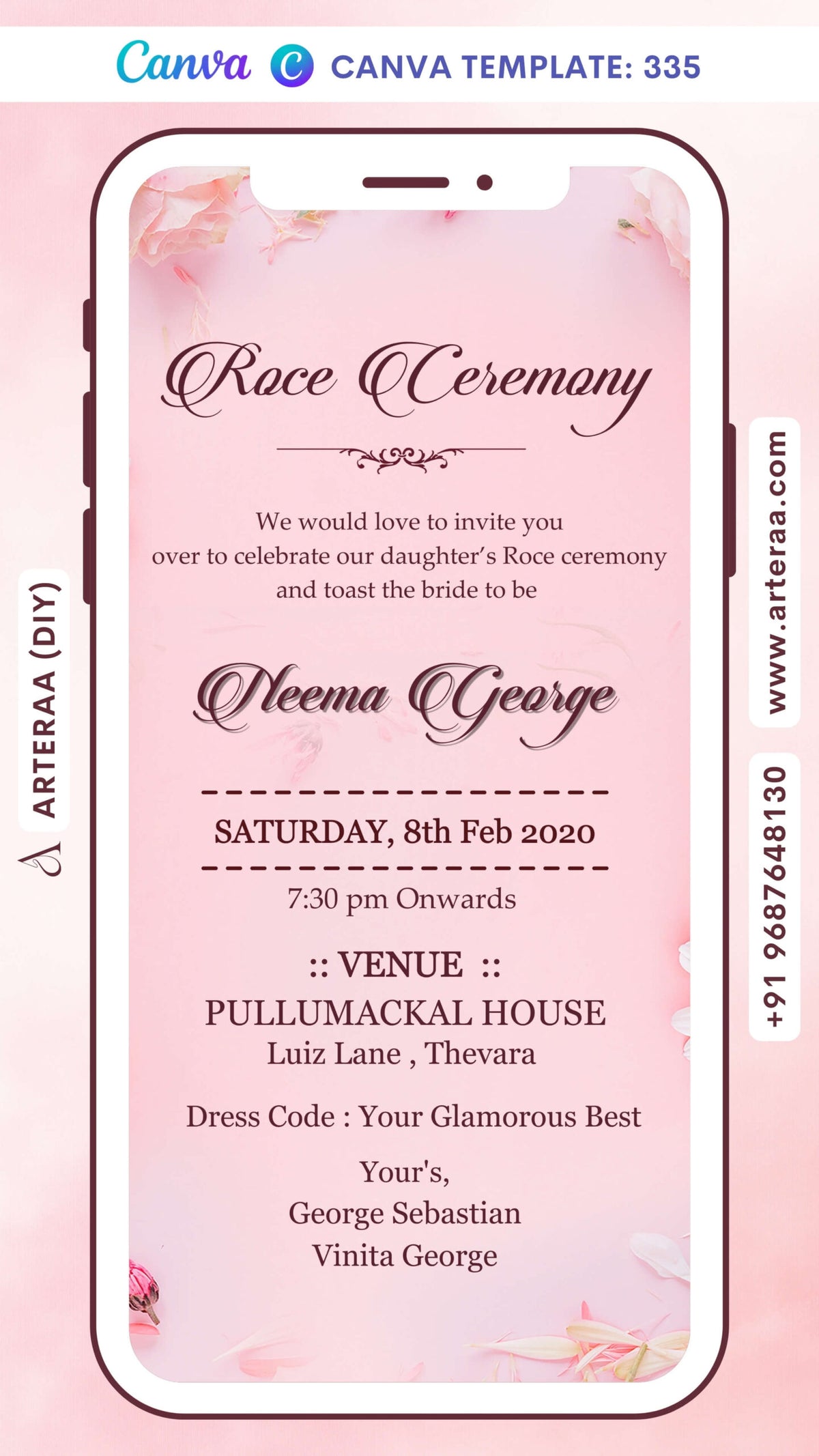 Roce ceremony invitation card in english language with flowers as floral theme Canva Editable Template design 335