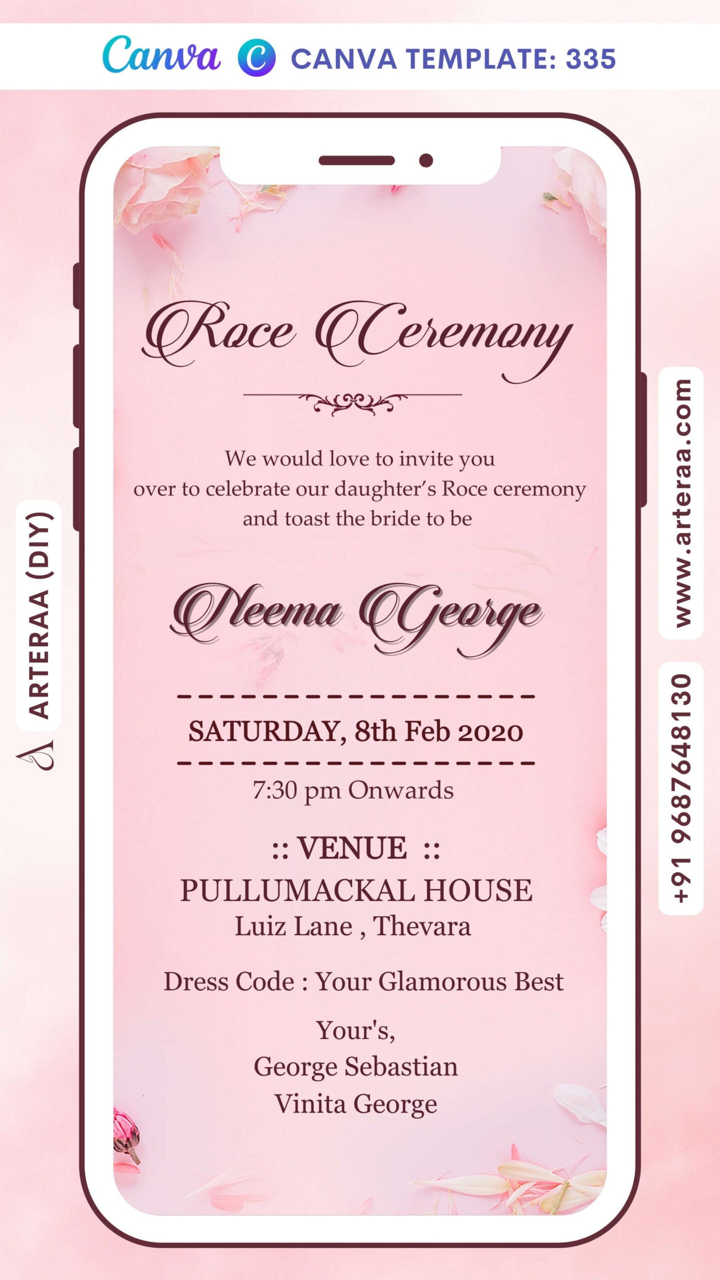 Roce ceremony invitation card in english language with flowers as floral theme Canva Editable Template design 335
