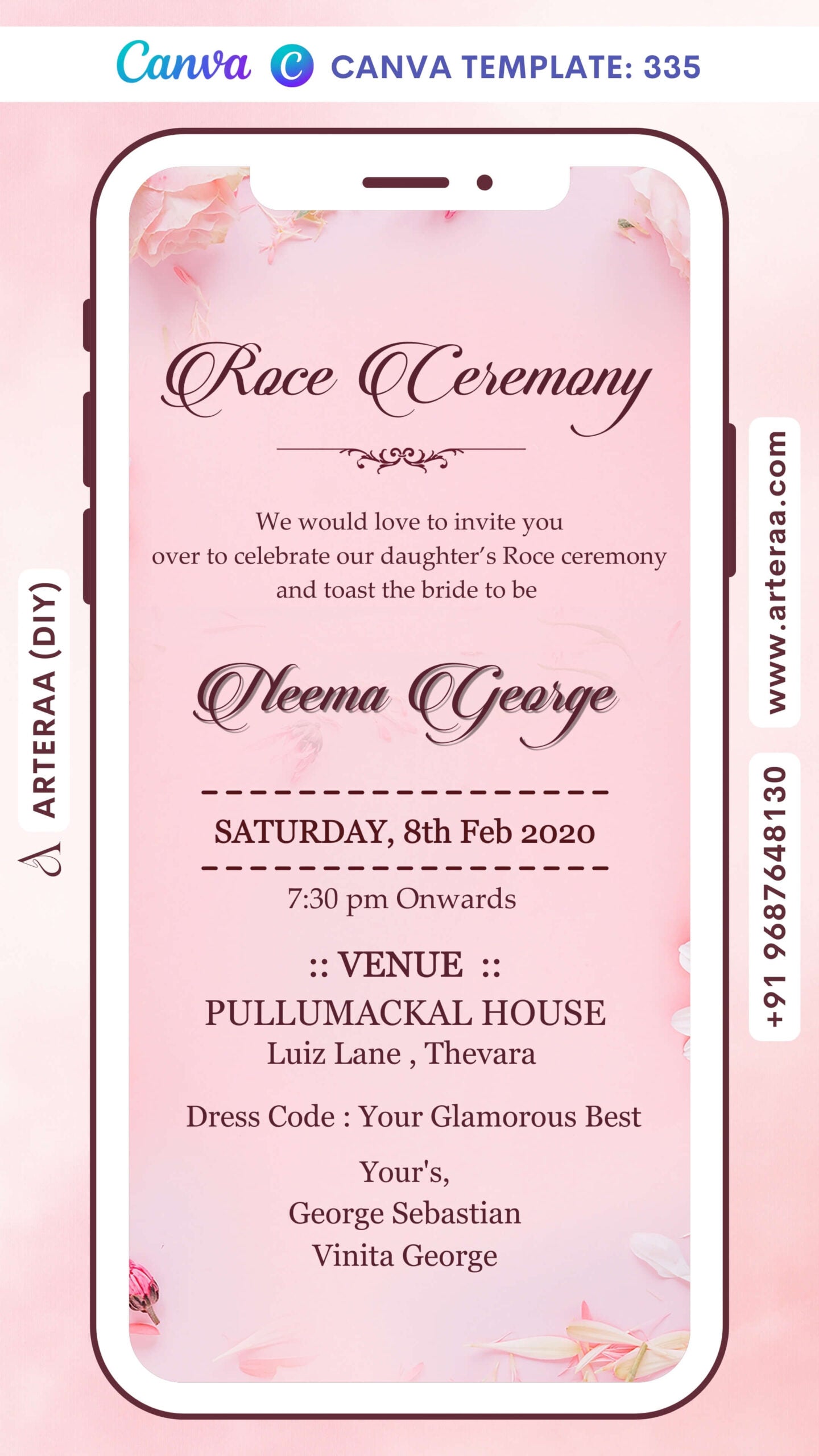 Roce ceremony invitation card in english language with flowers as floral theme Canva Editable Template design 335