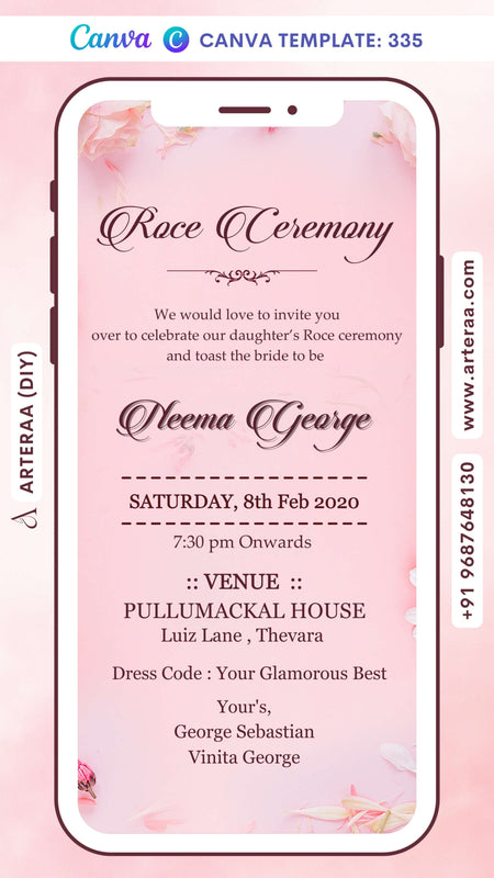 Roce ceremony invitation card in english language with flowers as floral theme Canva Editable Template design 335