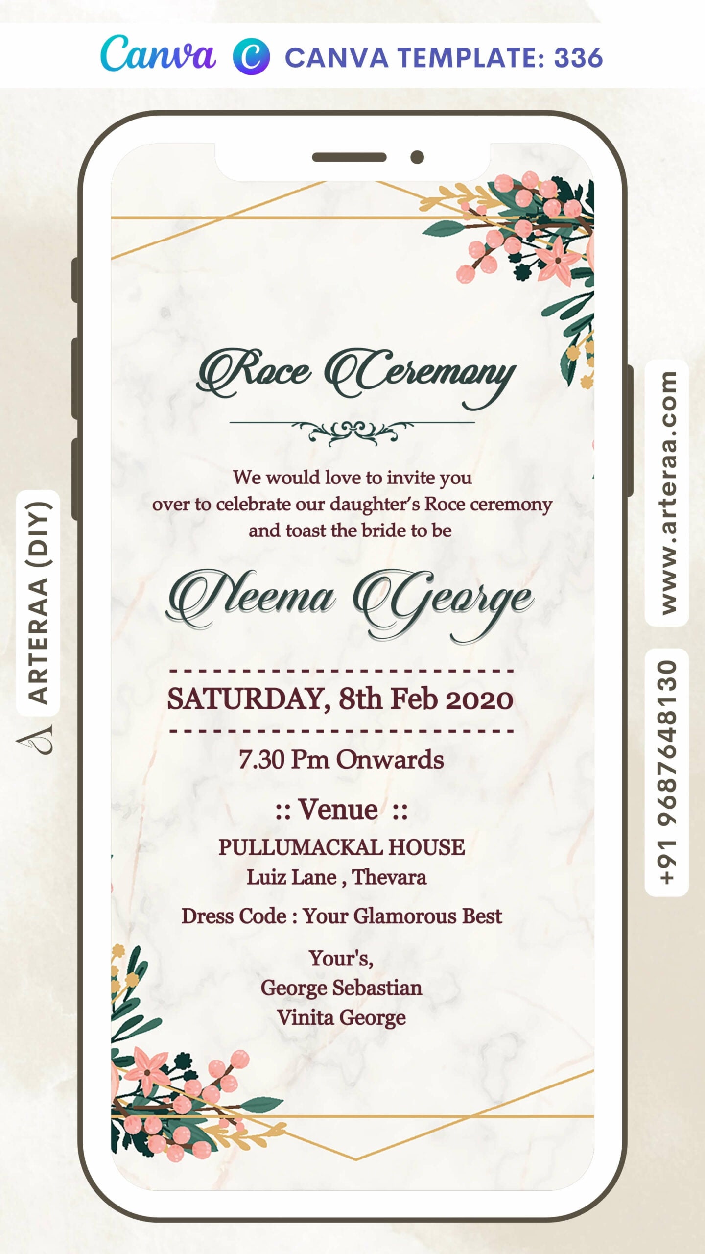 Digital Role Ceremony Invitation of North Indian Family in English Language With Floral Theme Canva Editable Template Design No. 336