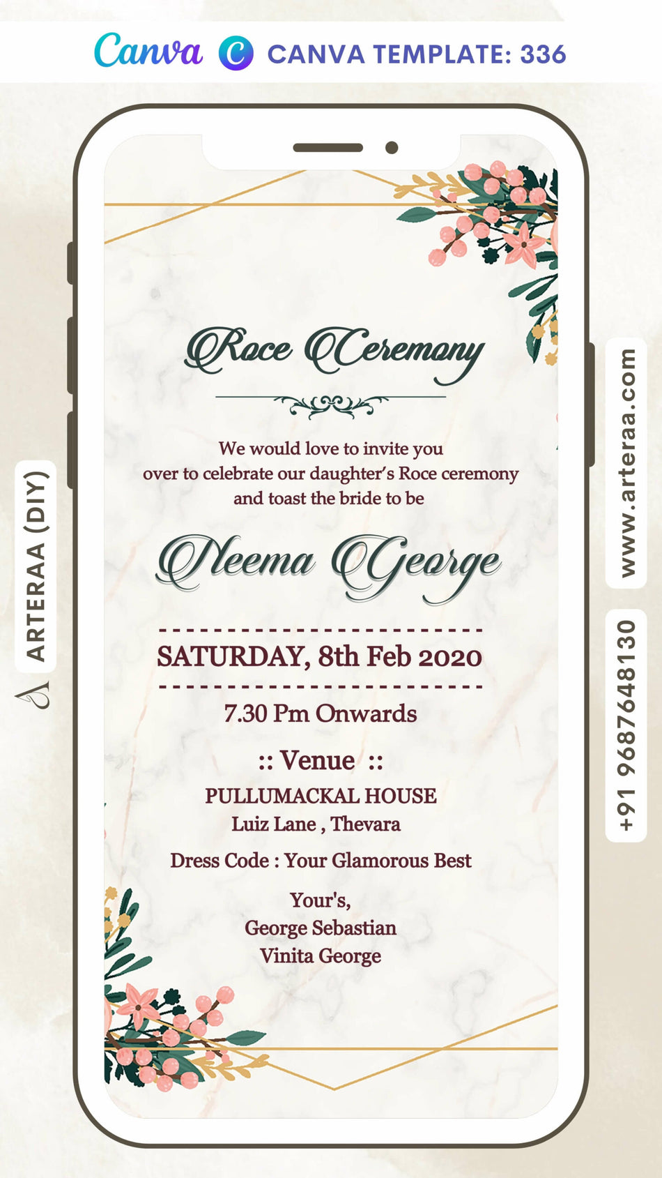 Digital Role Ceremony Invitation of North Indian Family in English Language With Floral Theme Canva Editable Template Design No. 336