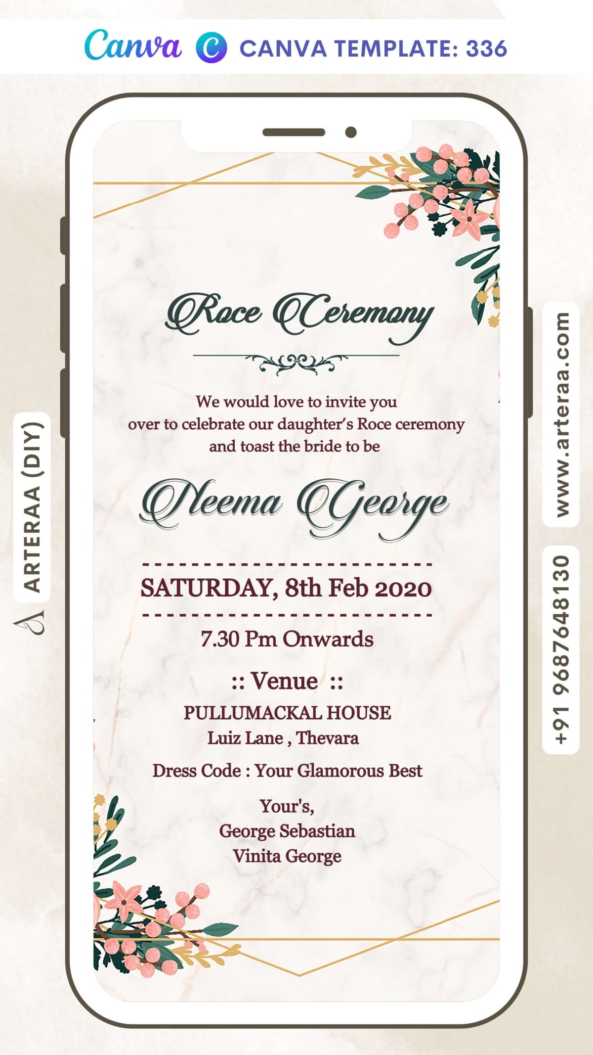 Roce ceremony invitation card Canva Editable Template in english language with flowers, frame as minimalistic theme design 336