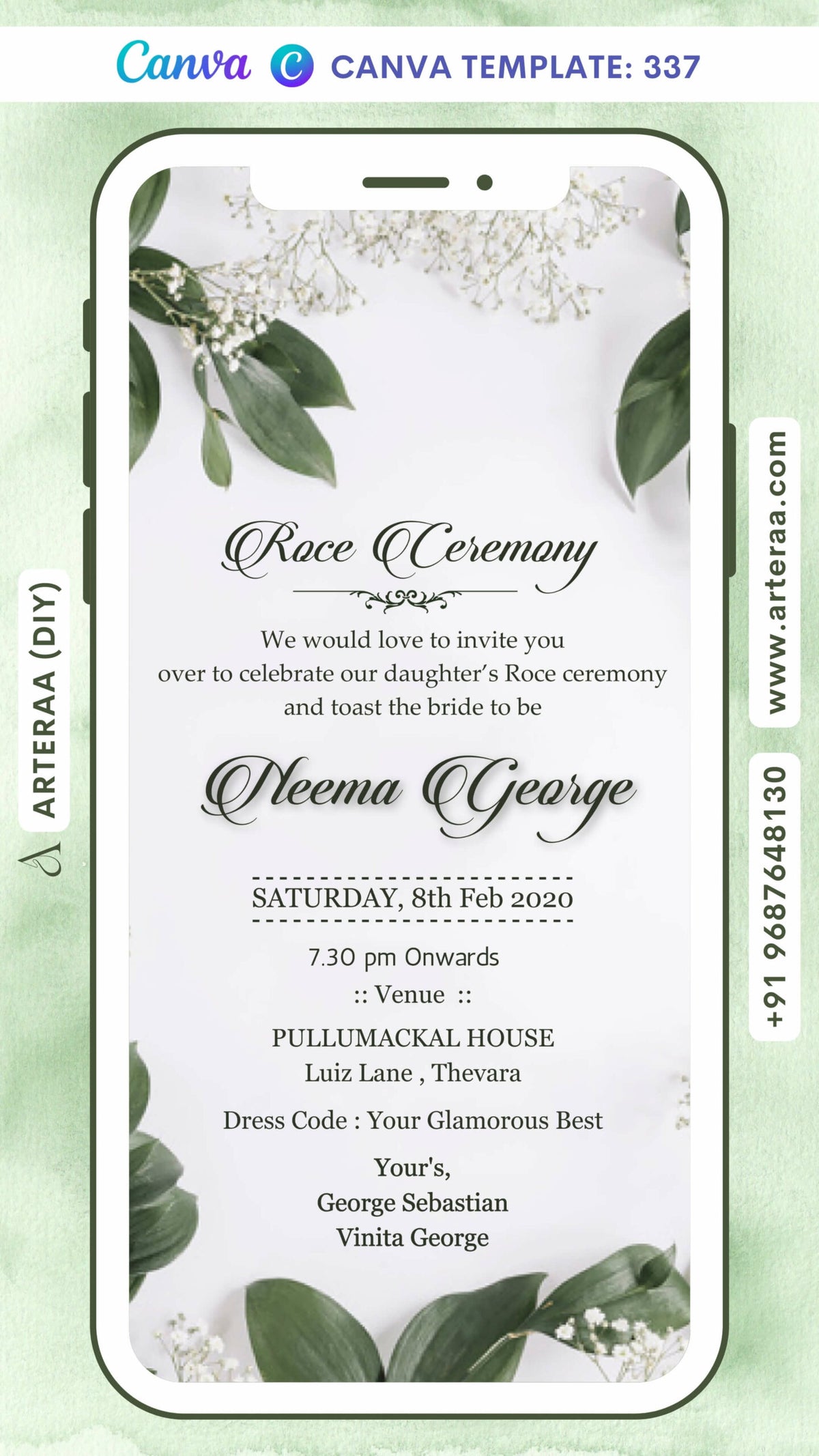 Digital Roce Ceremony Invitation of North Indian Family in English Language With Floral Leaf Theme Canva Editable Template Design No. 337