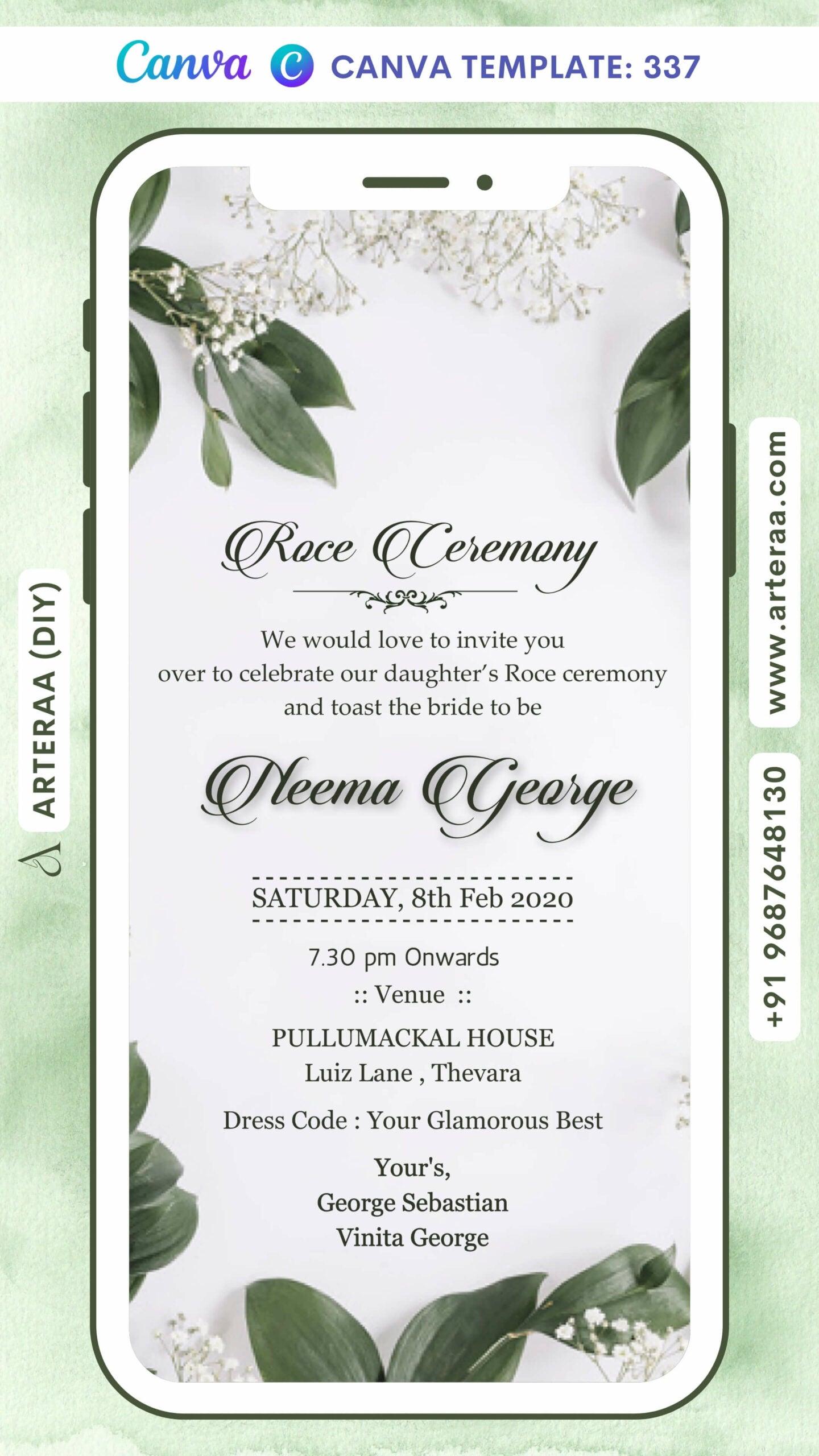 Digital Roce Ceremony Invitation of North Indian Family in English Language With Floral Leaf Theme Canva Editable Template Design No. 337