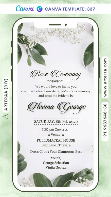 Digital Roce Ceremony Invitation of North Indian Family in English Language With Floral Leaf Theme Canva Editable Template Design No. 337