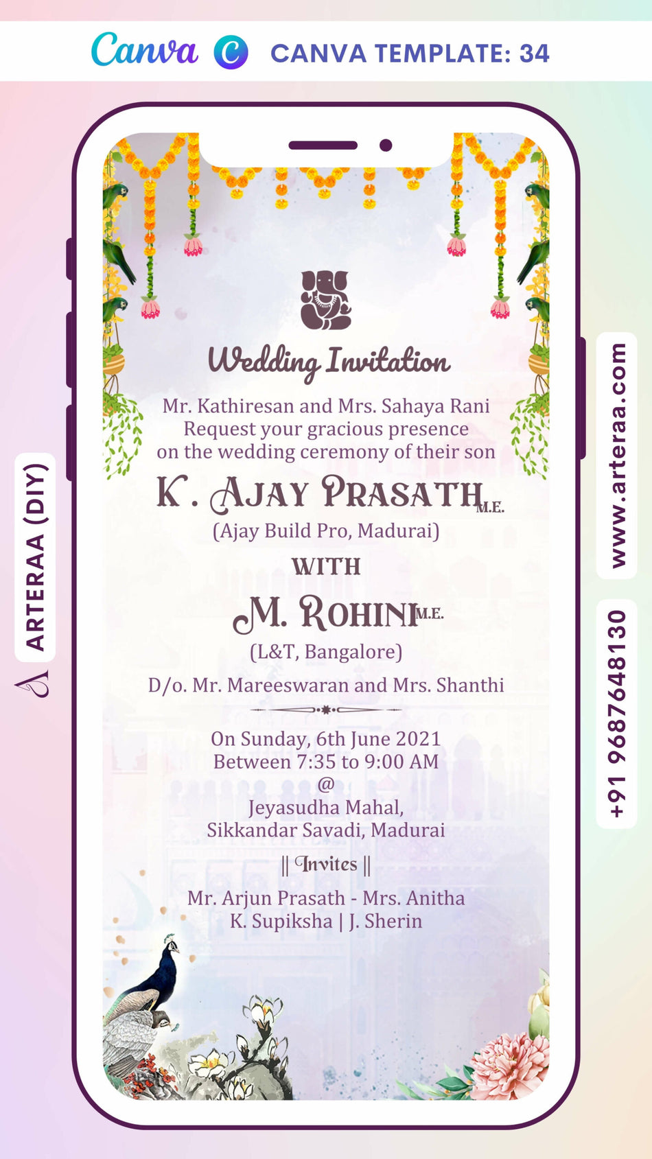 Wedding invitation card Canva Editable Template of hindu tamil family in english language with Traditional theme design 34