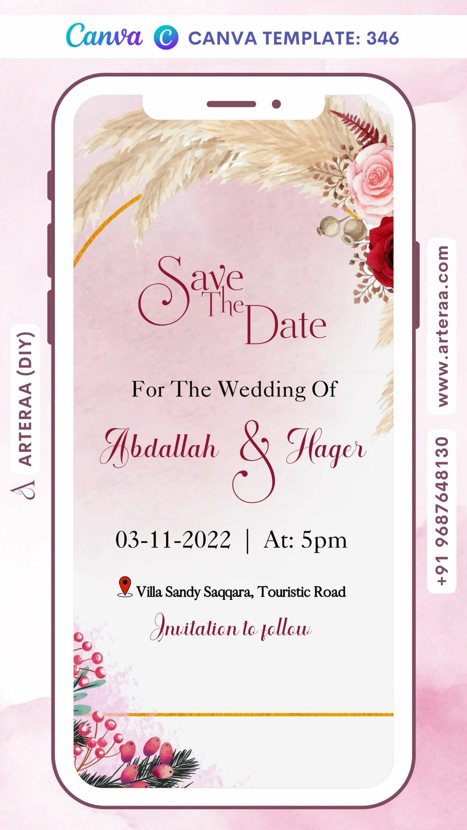 Save the Date card Canva Editable Template in english language with flowers, frame as floral theme design 346