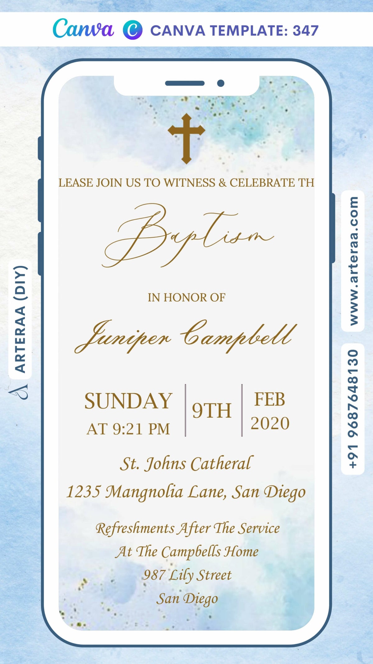 Baptism ceremony invitation card Canva Editable Template in english language with glittery theme design 347