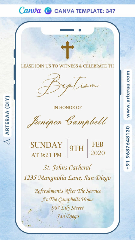 Baptism ceremony invitation card Canva Editable Template in english language with glittery theme design 347