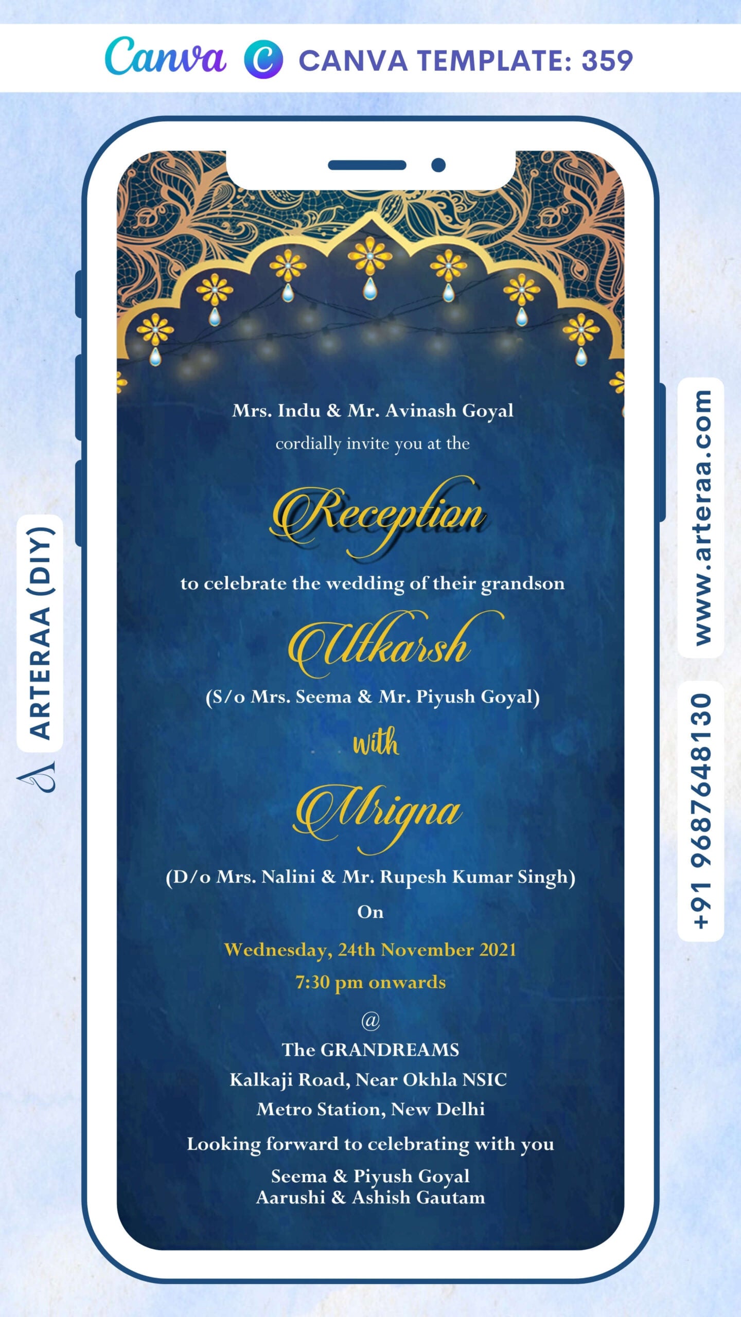 Reception Party invitation card Canva Editable Template in english language with arch frame theme design 359