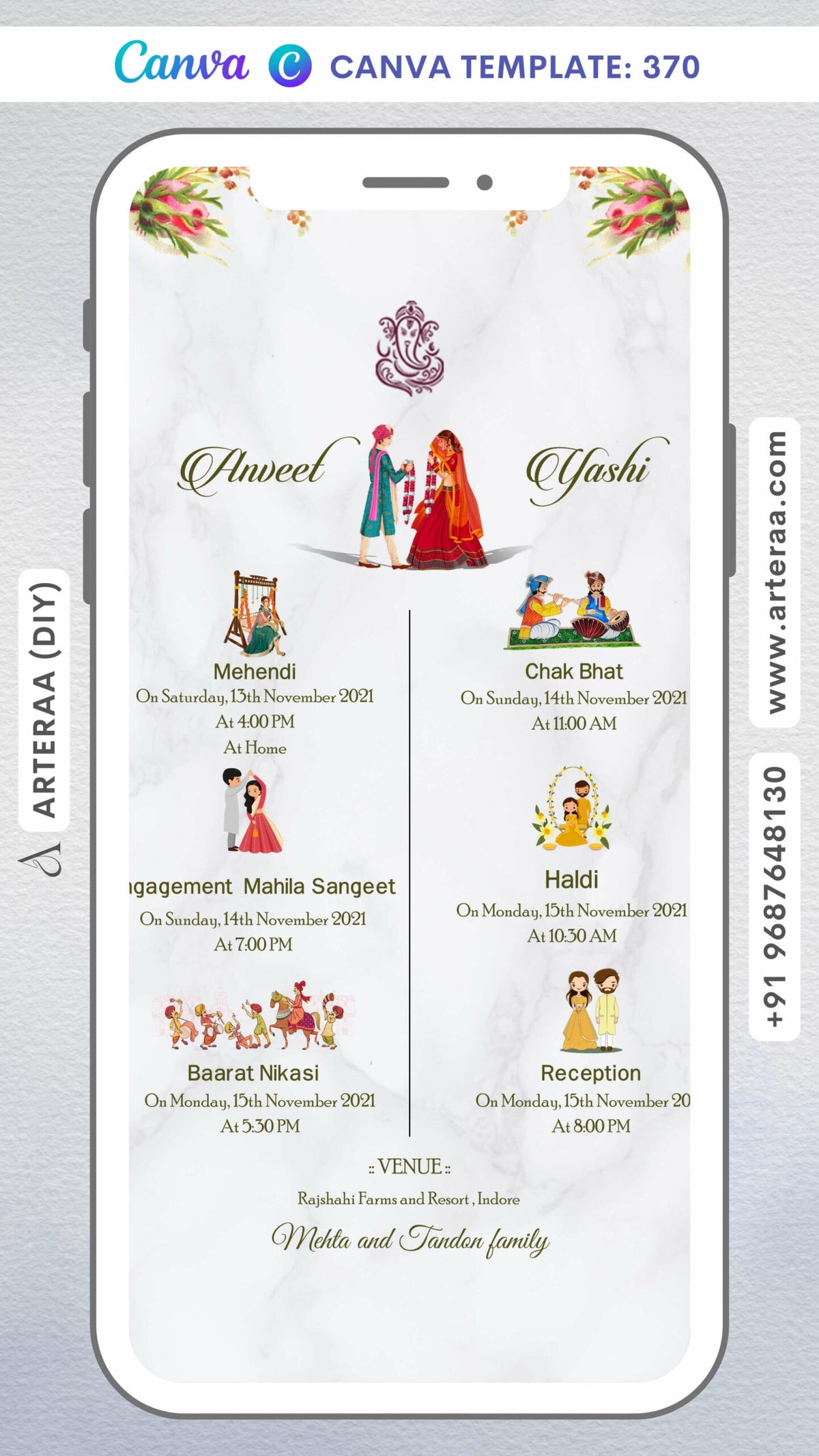 Wedding ceremony invitation card Canva Editable Template of hindu north indian in english language with Minimalistic theme design 370