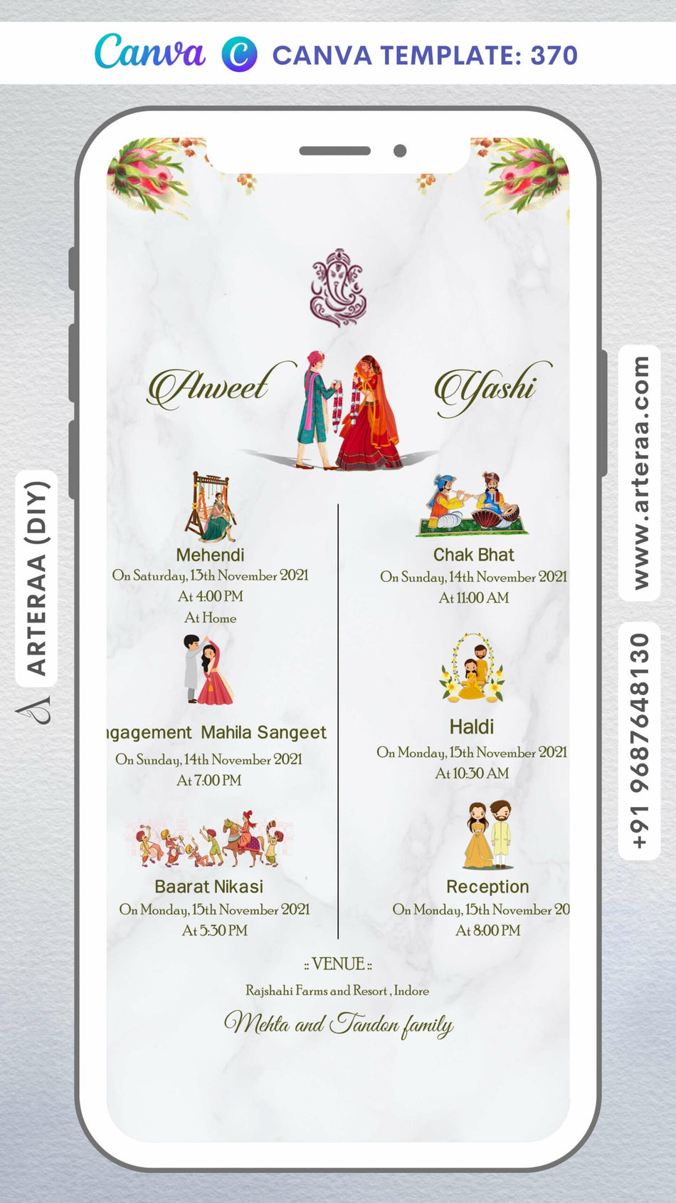 Wedding ceremony invitation card Canva Editable Template of hindu north indian in english language with Minimalistic theme design 370