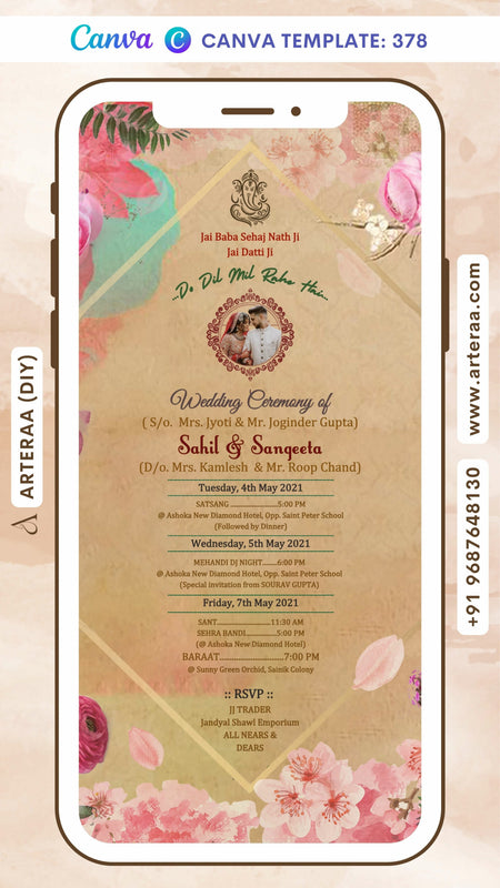 Wedding ceremony invitation card Canva Editable Template of hindu kashmiri family in english language with Vintage theme design 378