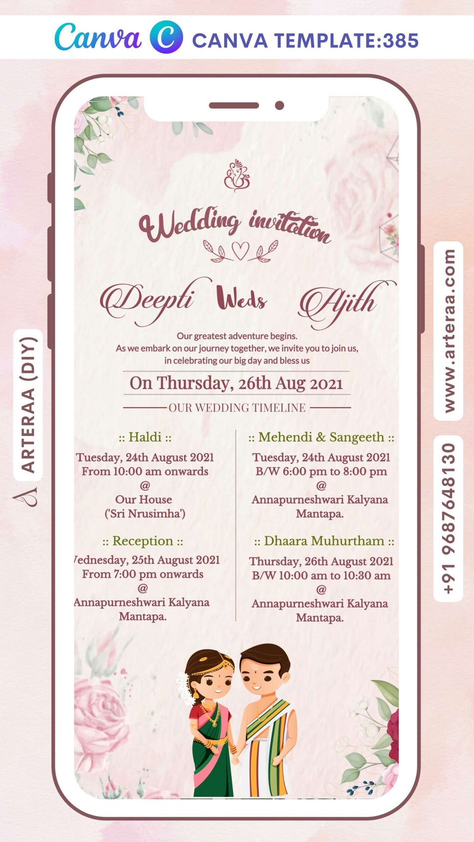 Wedding ceremony invitation card Canva Editable Template of hindu south indian kannada family in english language with floral theme design 385