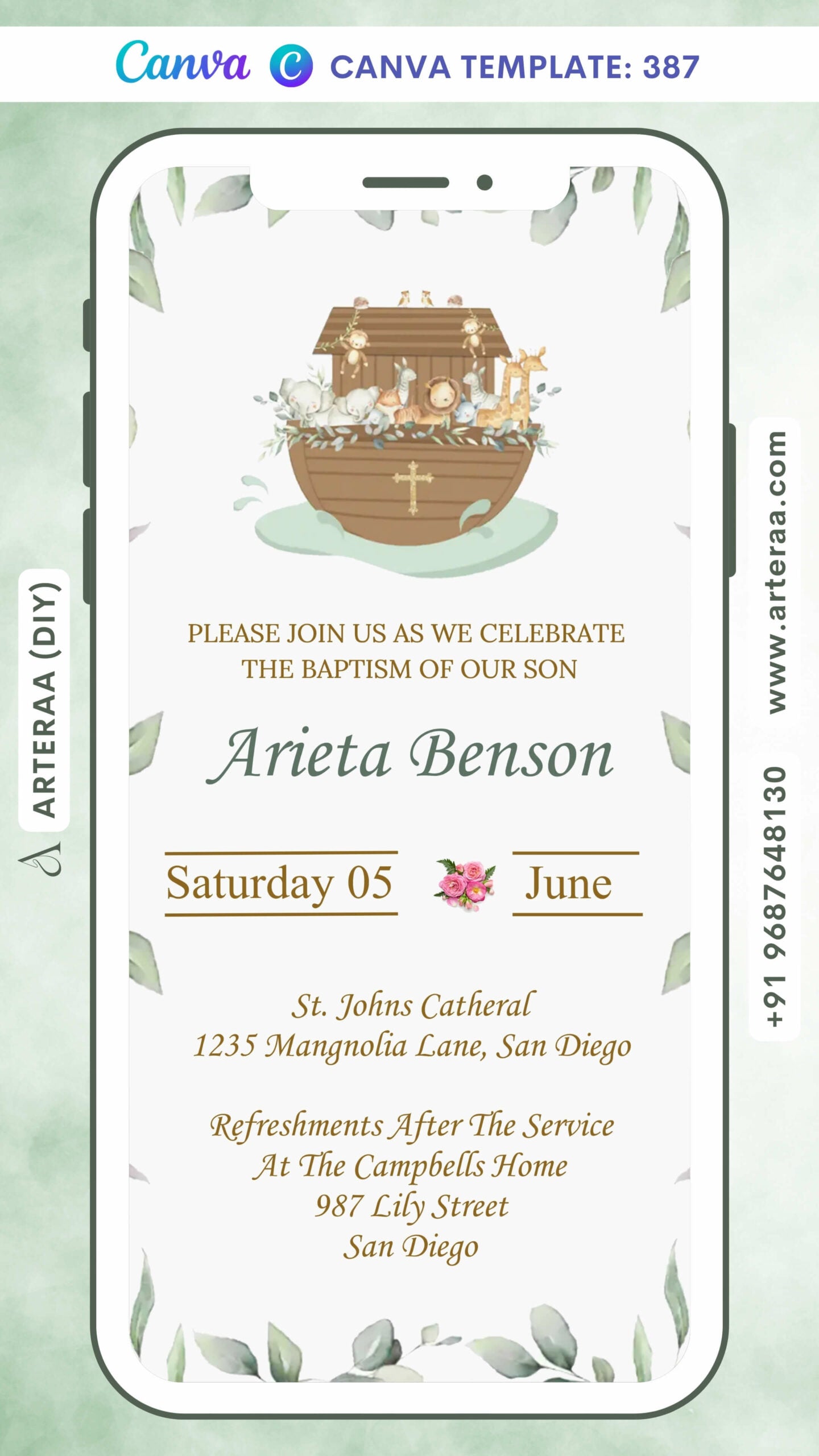 Baptism ceremony invitation card Canva Editable Template in english language with flowers, toys as floral theme design 387
