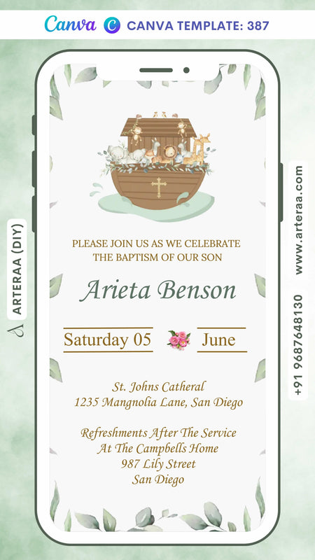 Baptism ceremony invitation card Canva Editable Template in english language with flowers, toys as floral theme design 387