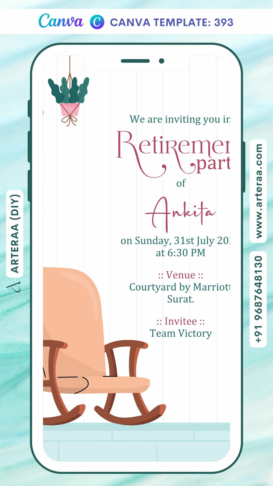 A Digital Retirement Party Invitation to an Indian Family in English with a Minimalistic Theme Canva Editable Template Design No. 393