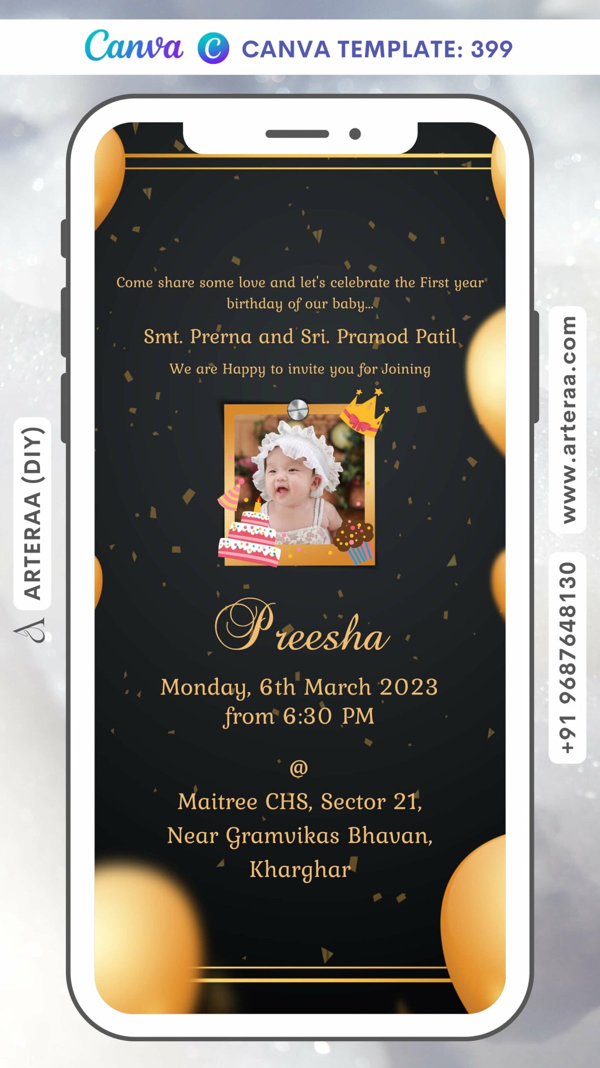 Birthday party invitation card Canva Editable Template for girl in english language with baby photo theme design 399
