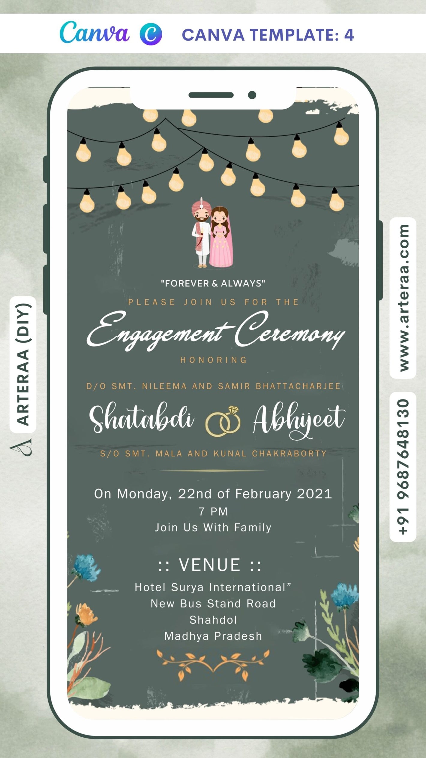 Sikh Engagement invitation card Canva Editable Template in English language with string lights, flowers as minimalistic theme design 4