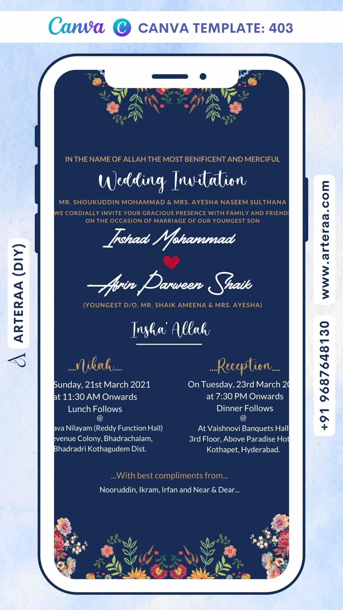 Digital Nikah Ceremony Invitation Of Muslim Family In English Language With Floral Theme Canva Editable Template Design No. 403