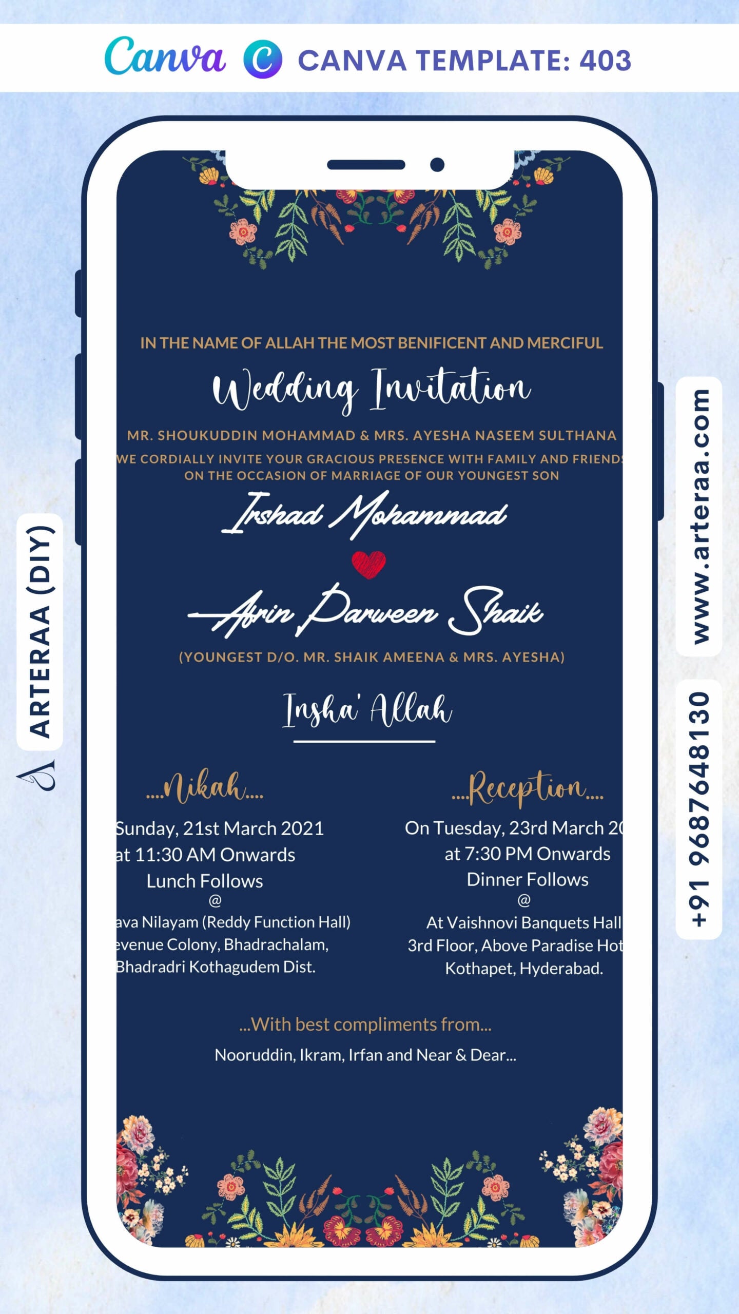 Digital Nikah Ceremony Invitation Of Muslim Family In English Language With Floral Theme Canva Editable Template Design No. 403