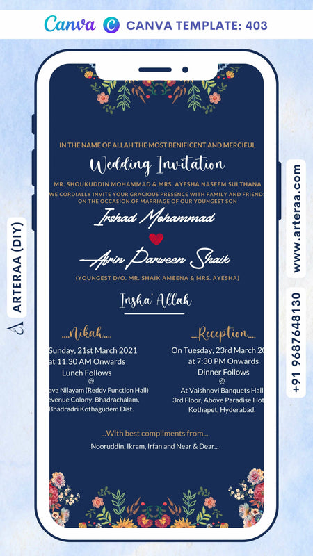 Digital Nikah Ceremony Invitation Of Muslim Family In English Language With Floral Theme Canva Editable Template Design No. 403