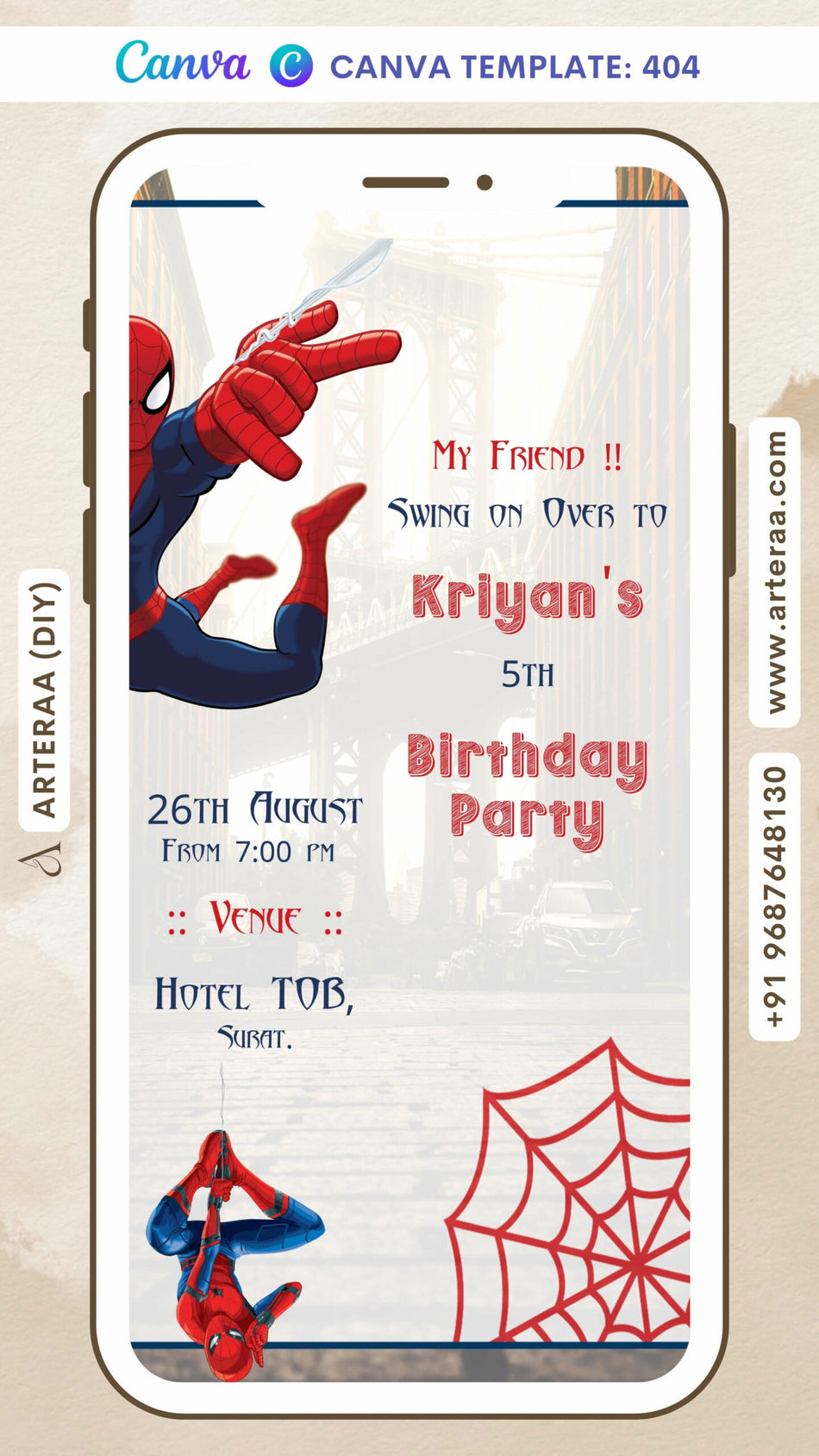 Birthday party invitation card Canva Editable Template for boy in English language with spider man theme design 404
