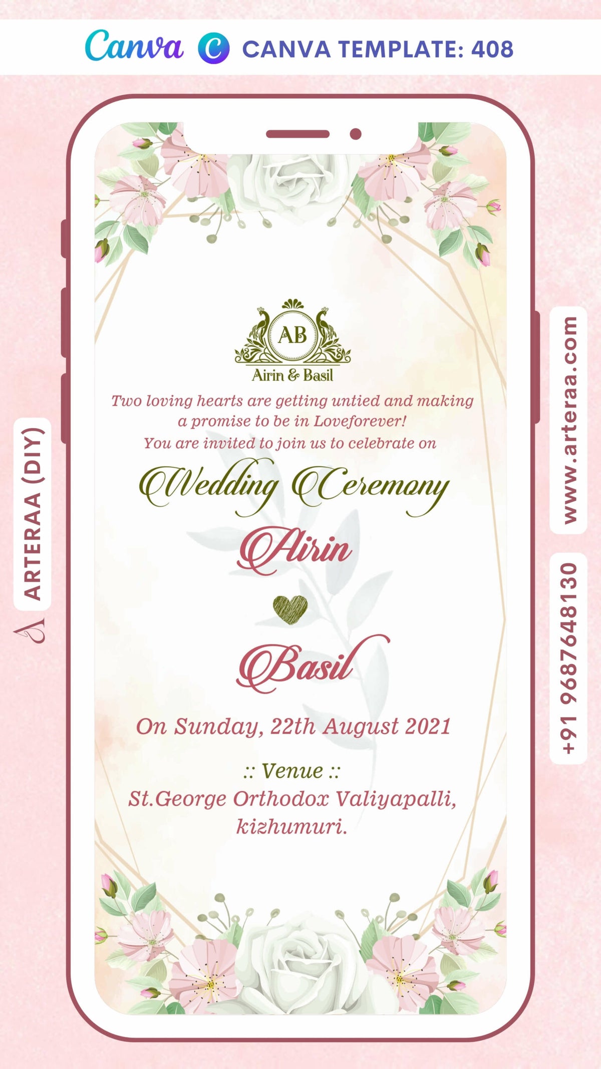 Digital Wedding Ceremony Invitation of South Indian Family in English Language With Floral Theme Canva Editable Template Design No. 408