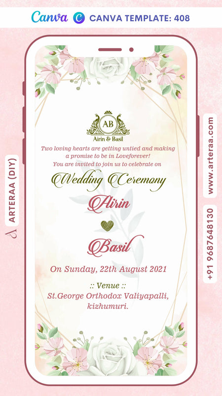 Digital Wedding Ceremony Invitation of South Indian Family in English Language With Floral Theme Canva Editable Template Design No. 408