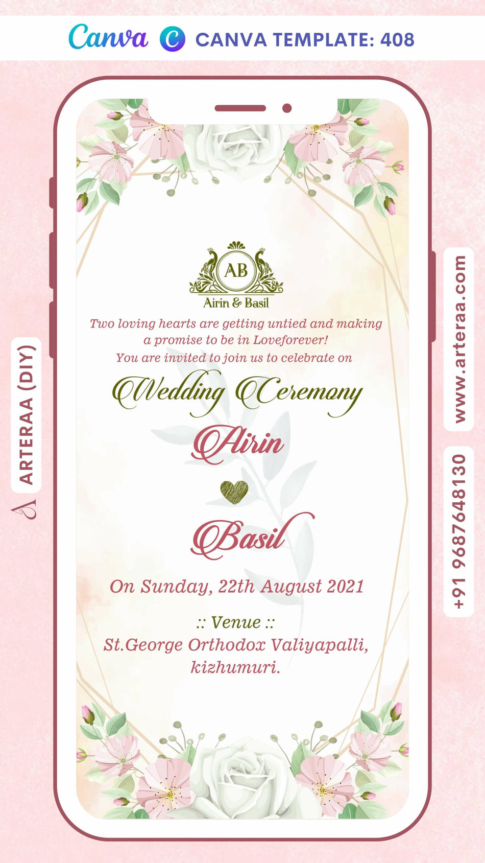 Digital Wedding Ceremony Invitation of South Indian Family in English Language With Floral Theme Canva Editable Template Design No. 408