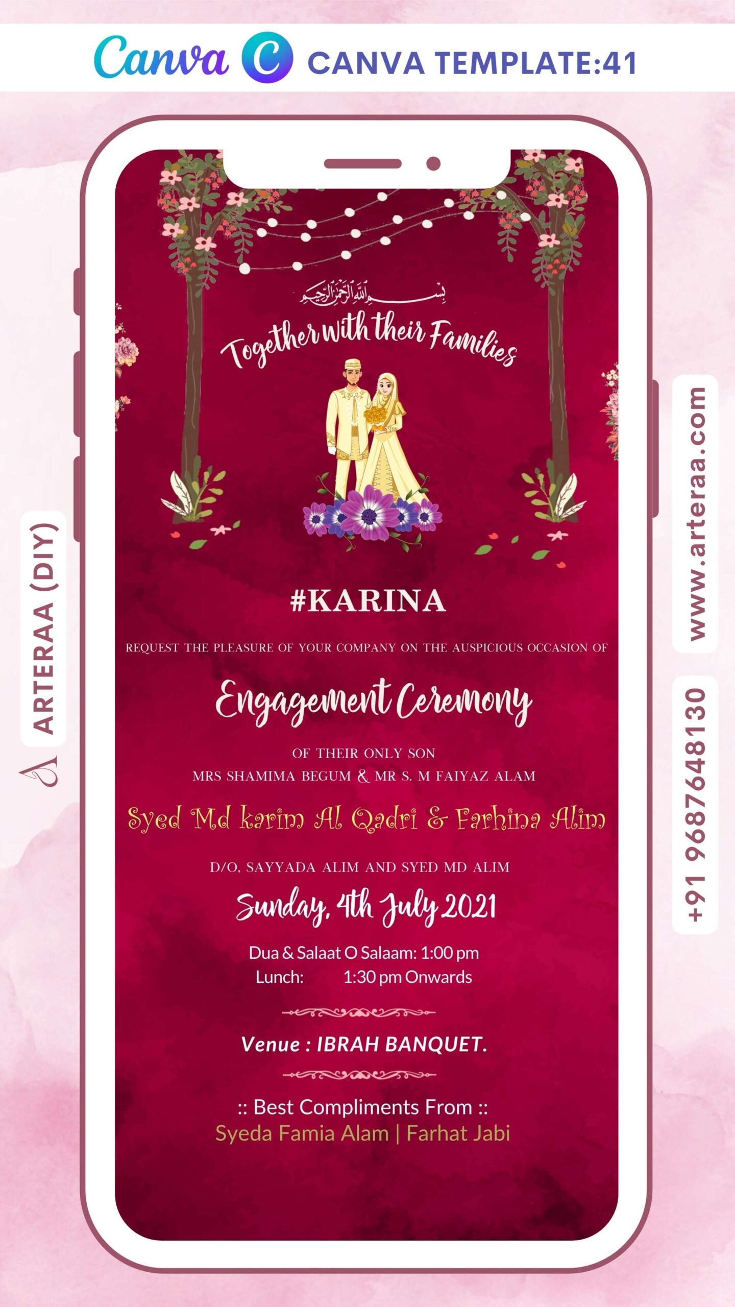 Engagement ceremony invitation card Canva Editable Template in english language with tree, string light, flowers as minimalistic theme design 41
