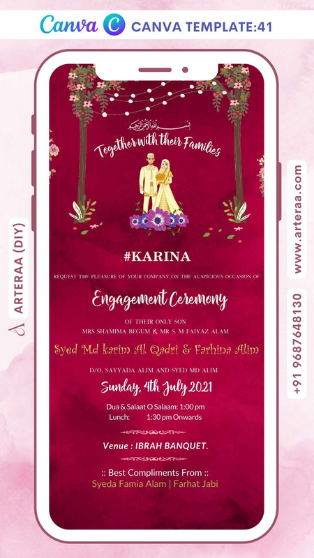Engagement ceremony invitation card Canva Editable Template in english language with tree, string light, flowers as minimalistic theme design 41