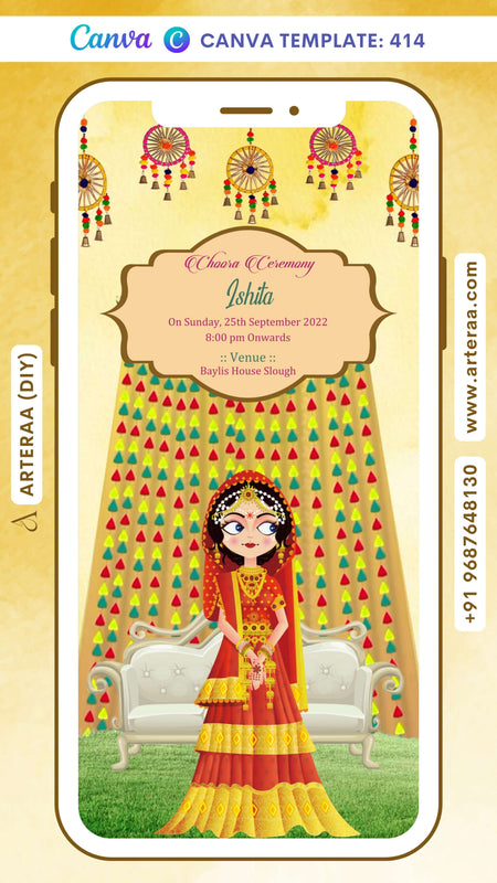 Choora ceremony invitation card Canva Editable Template in english language with traditional theme design 414