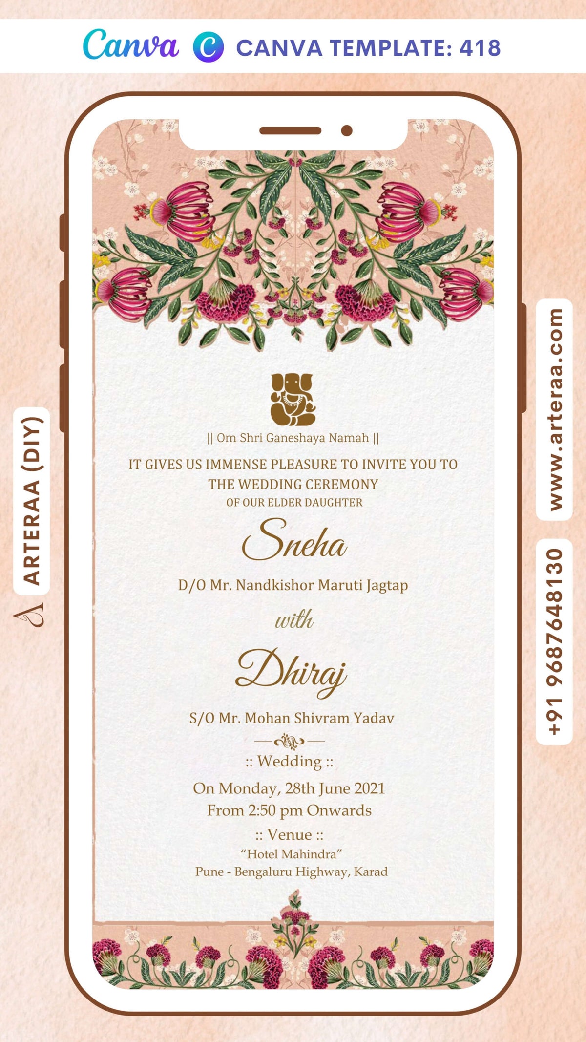Wedding ceremony invitation Canva Editable video Template of hindu maharashtrian marathi family in english language with Floral gate theme design 418