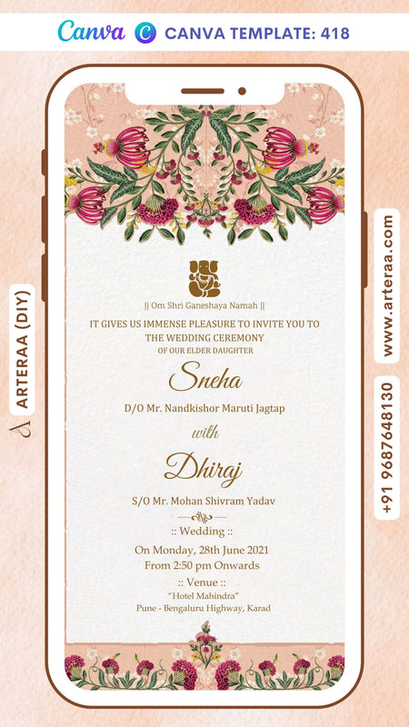 Wedding ceremony invitation Canva Editable video Template of hindu maharashtrian marathi family in english language with Floral gate theme design 418