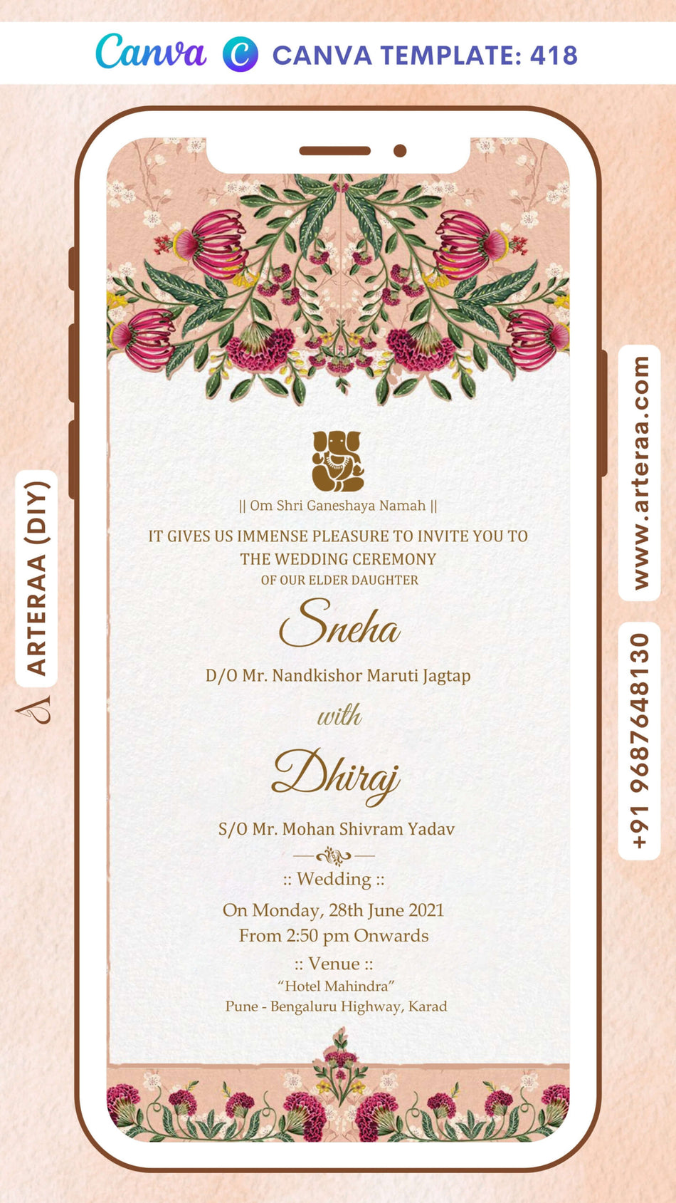 Wedding ceremony invitation Canva Editable video Template of hindu maharashtrian marathi family in english language with Floral gate theme design 418