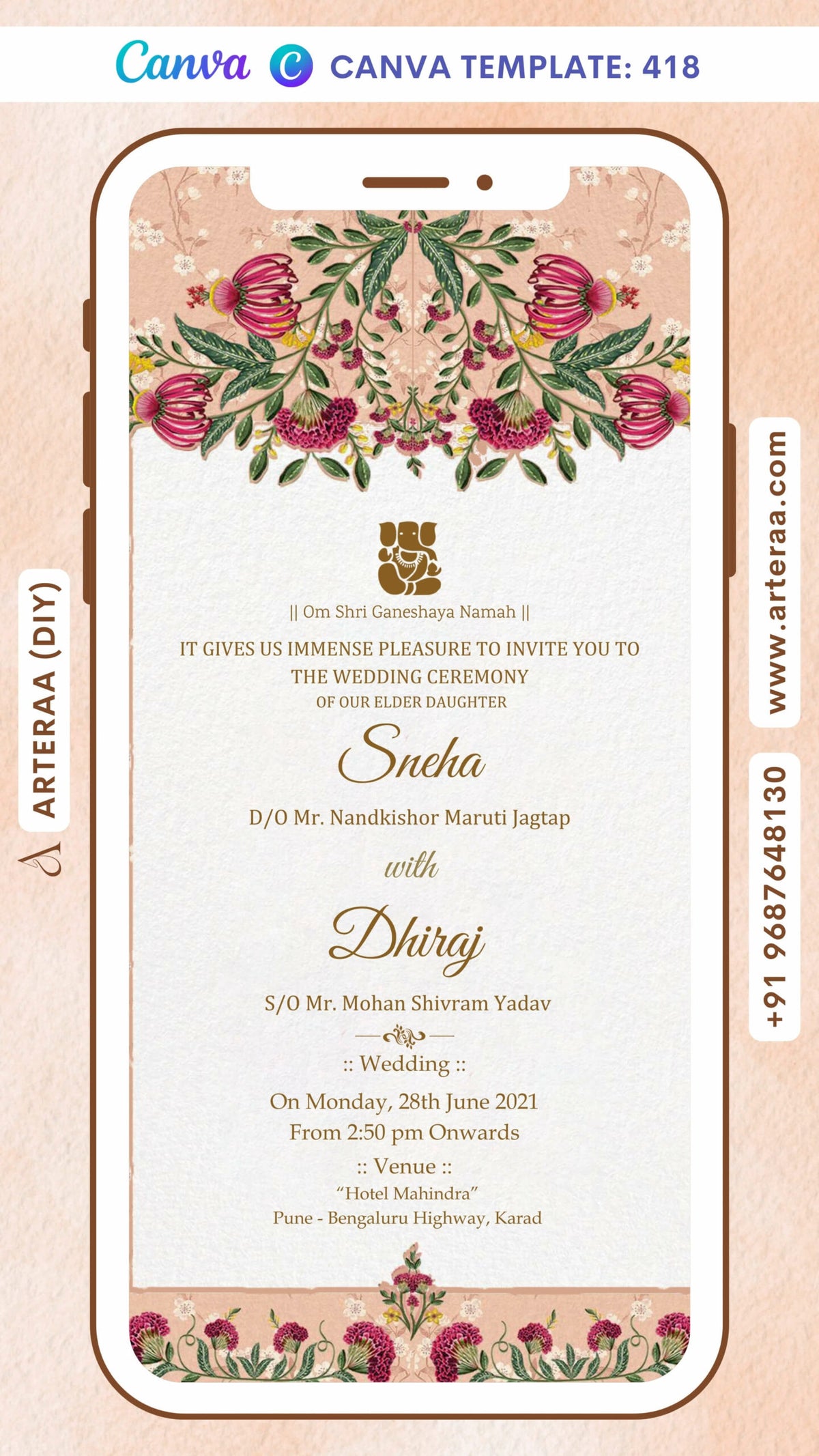 Wedding ceremony invitation card Canva Editable Template of hindu maharashtrian marathi family in english language with Floral gate theme design 418