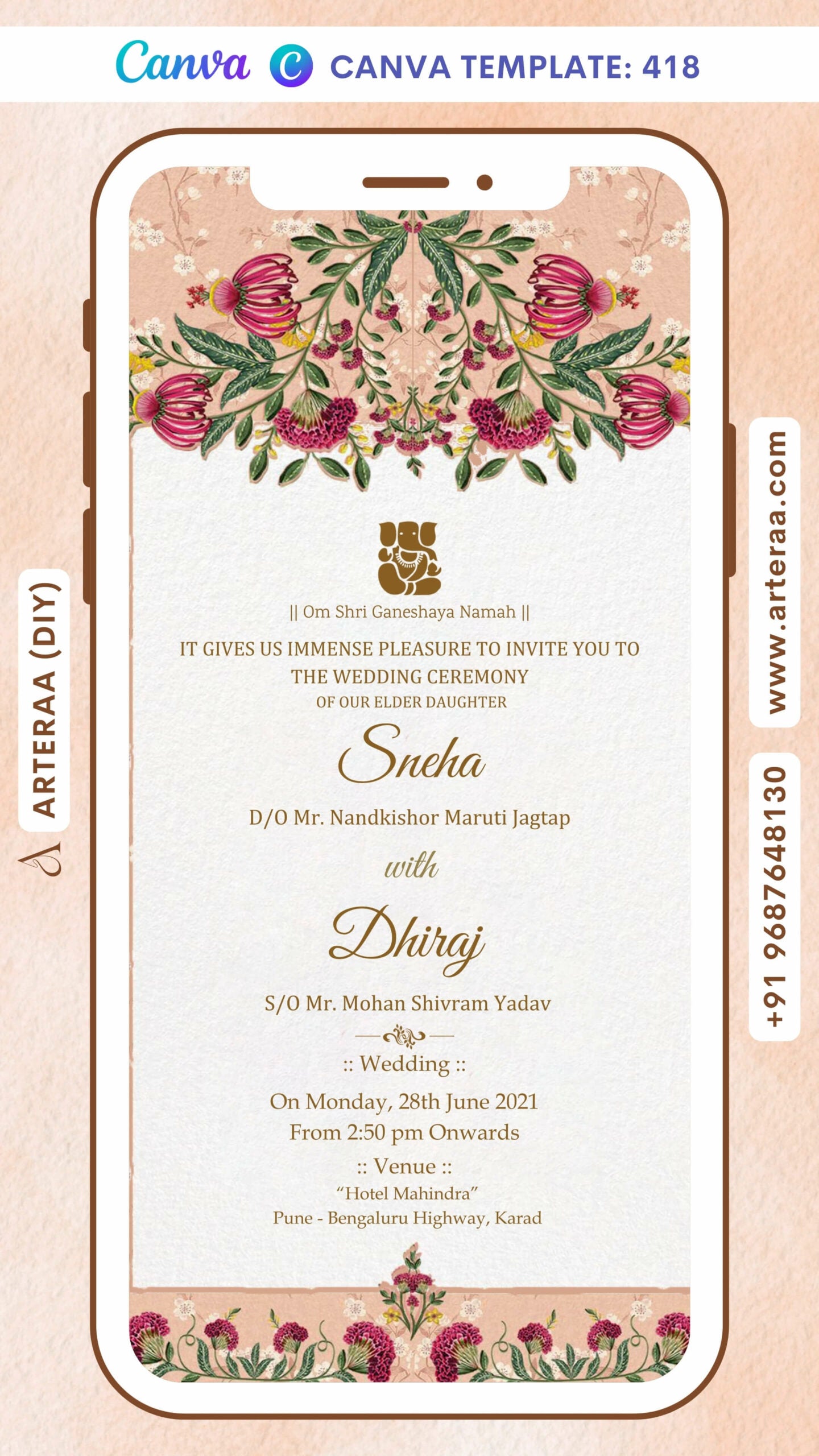 Wedding ceremony invitation card Canva Editable Template of hindu maharashtrian marathi family in english language with Floral gate theme design 418