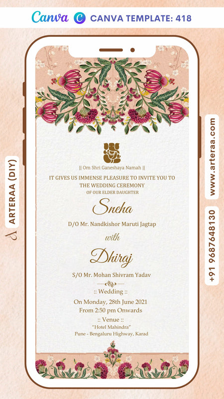 Wedding ceremony invitation card Canva Editable Template of hindu maharashtrian marathi family in english language with Floral gate theme design 418