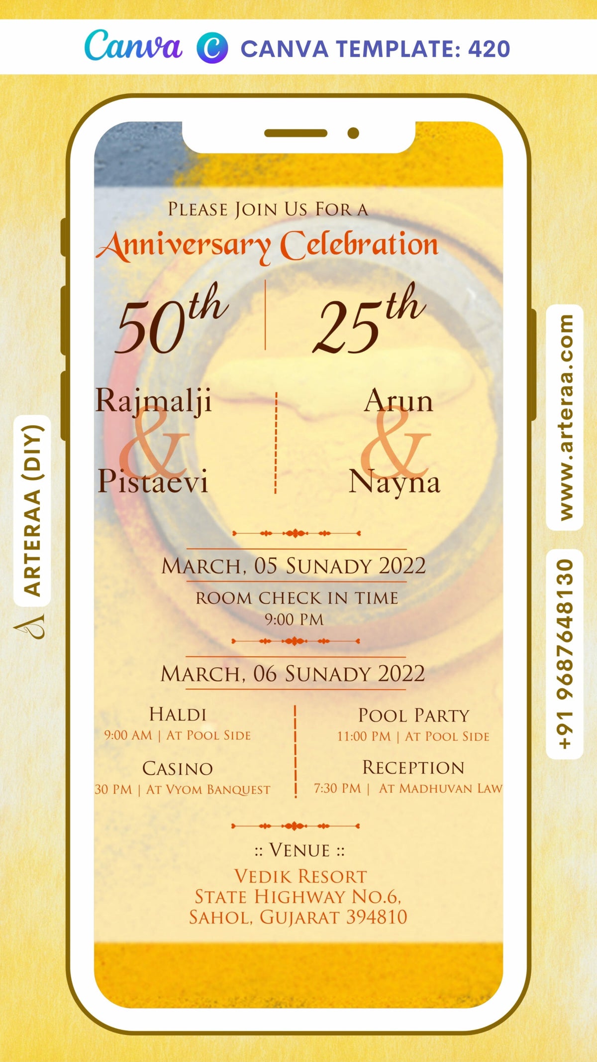 25th &amp; 50th Wedding Anniversary invitation card Canva Editable Template in English language with frame as vintage theme design 420