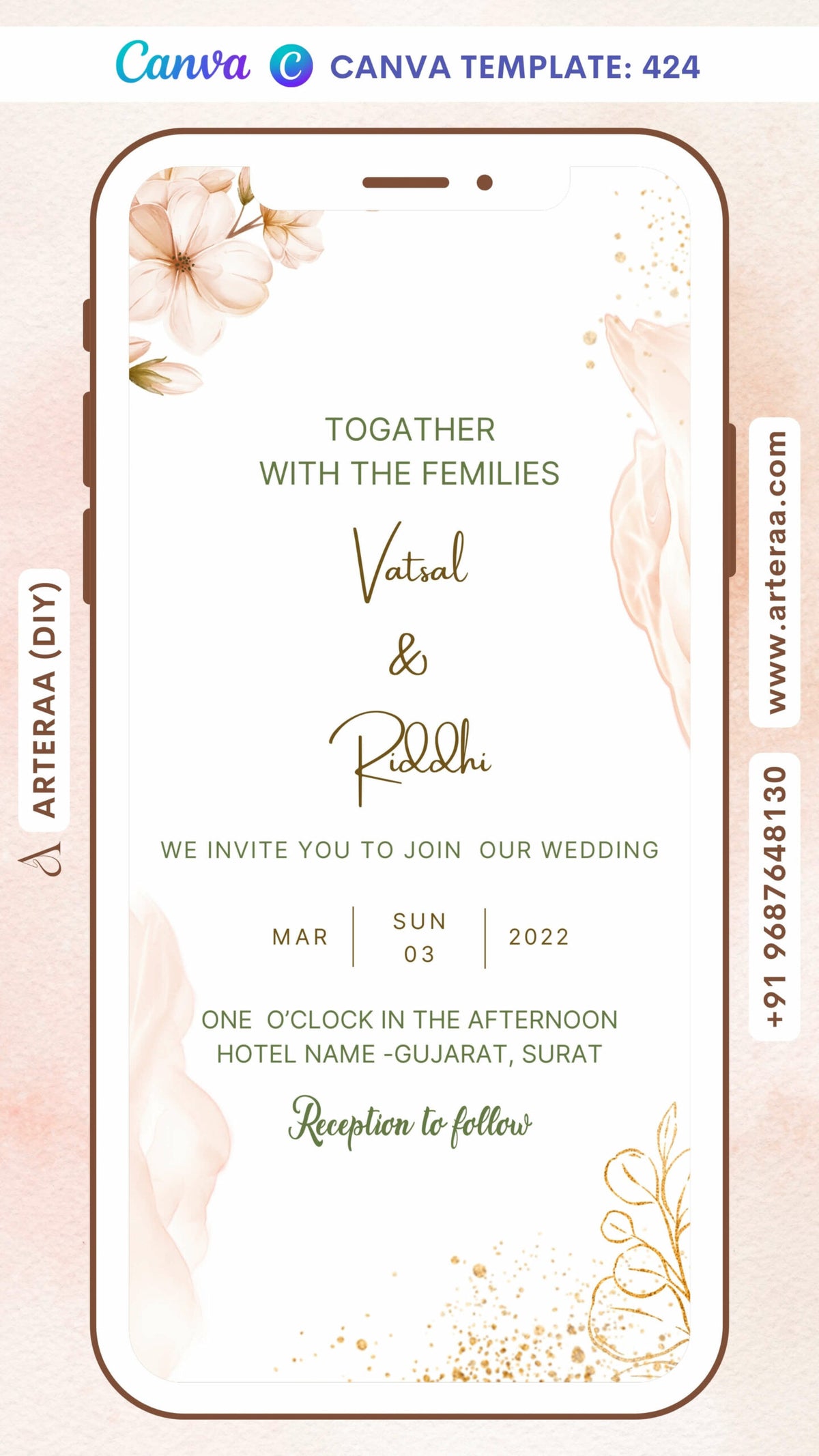 Wedding ceremony invitation card Canva Editable Template of hindu gujarati patel family in english language with Floral theme design 424