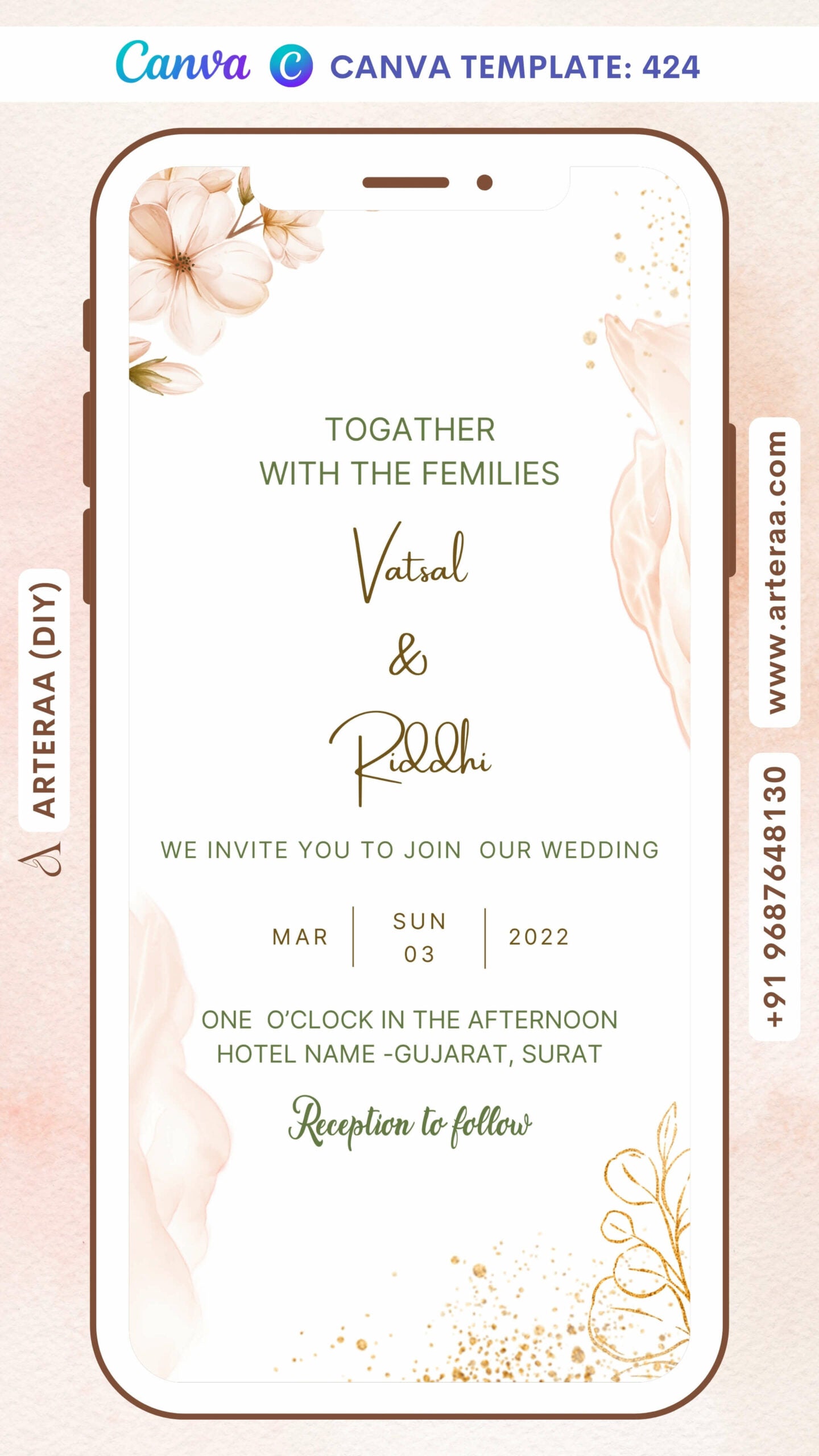 Wedding ceremony invitation card Canva Editable Template of hindu gujarati patel family in english language with Floral theme design 424