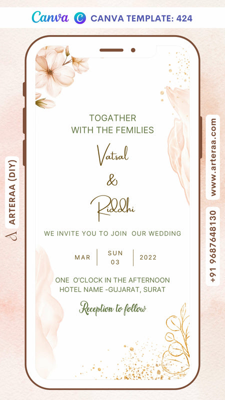Wedding ceremony invitation card Canva Editable Template of hindu gujarati patel family in english language with Floral theme design 424