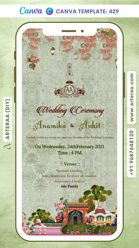 Wedding ceremony invitation card Canva Editable Template of hindu north indian in english language with Traditional theme design 429