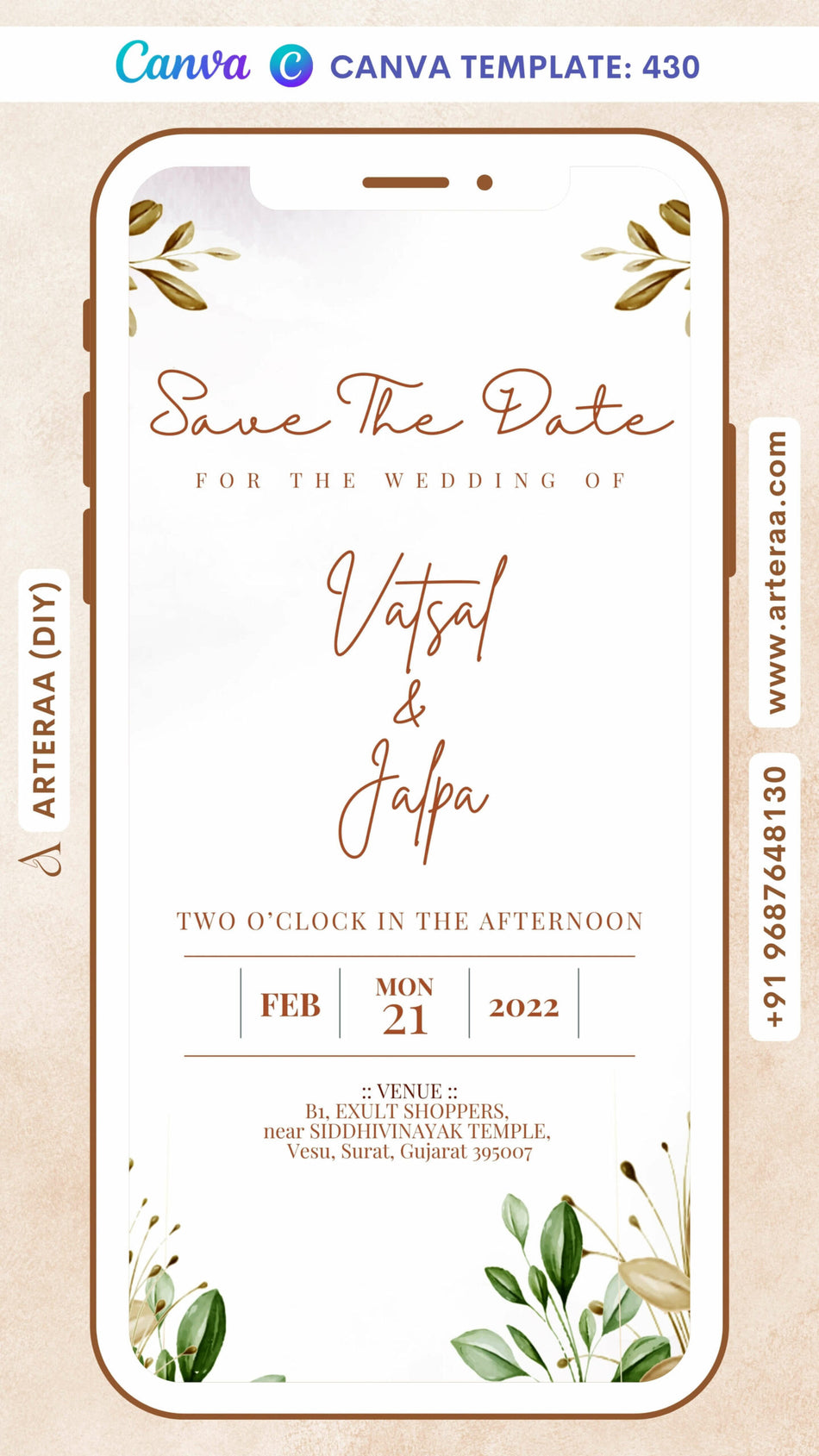 Save the Date card Canva Editable Template in english language with leaves as minimalistic theme design 430