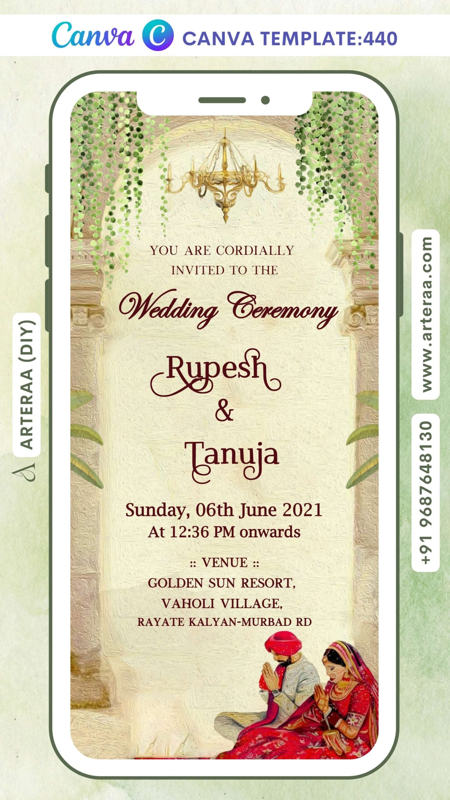 Wedding ceremony invitation Canva Editable video Template of hindu punjabi sikh family in English language with gate theme design 440