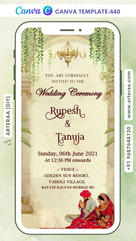 Wedding ceremony invitation Canva Editable video Template of hindu punjabi sikh family in English language with gate theme design 440