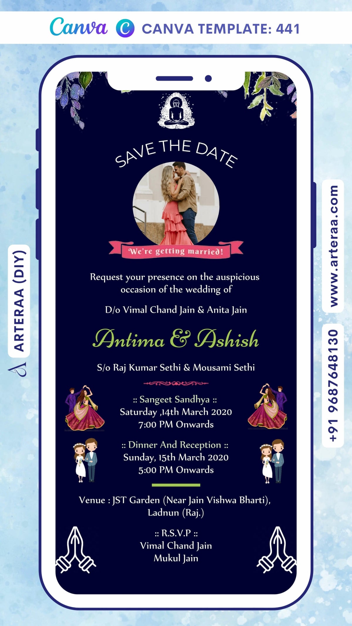 Wedding ceremony invitation card Canva Editable Template of hindu rajasthani marwari family in english language with Minimalistic theme design 441