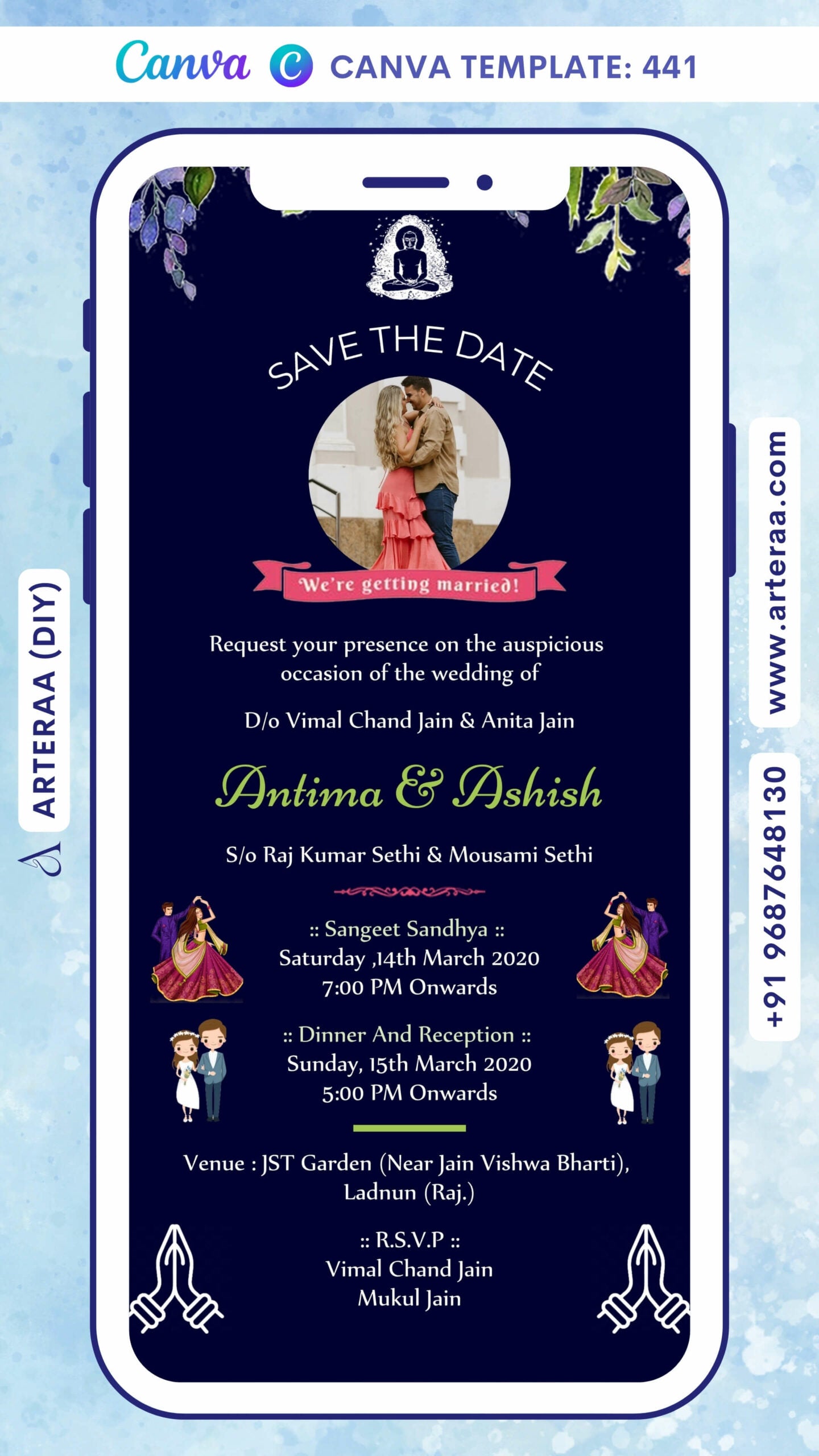 Wedding ceremony invitation card Canva Editable Template of hindu rajasthani marwari family in english language with Minimalistic theme design 441